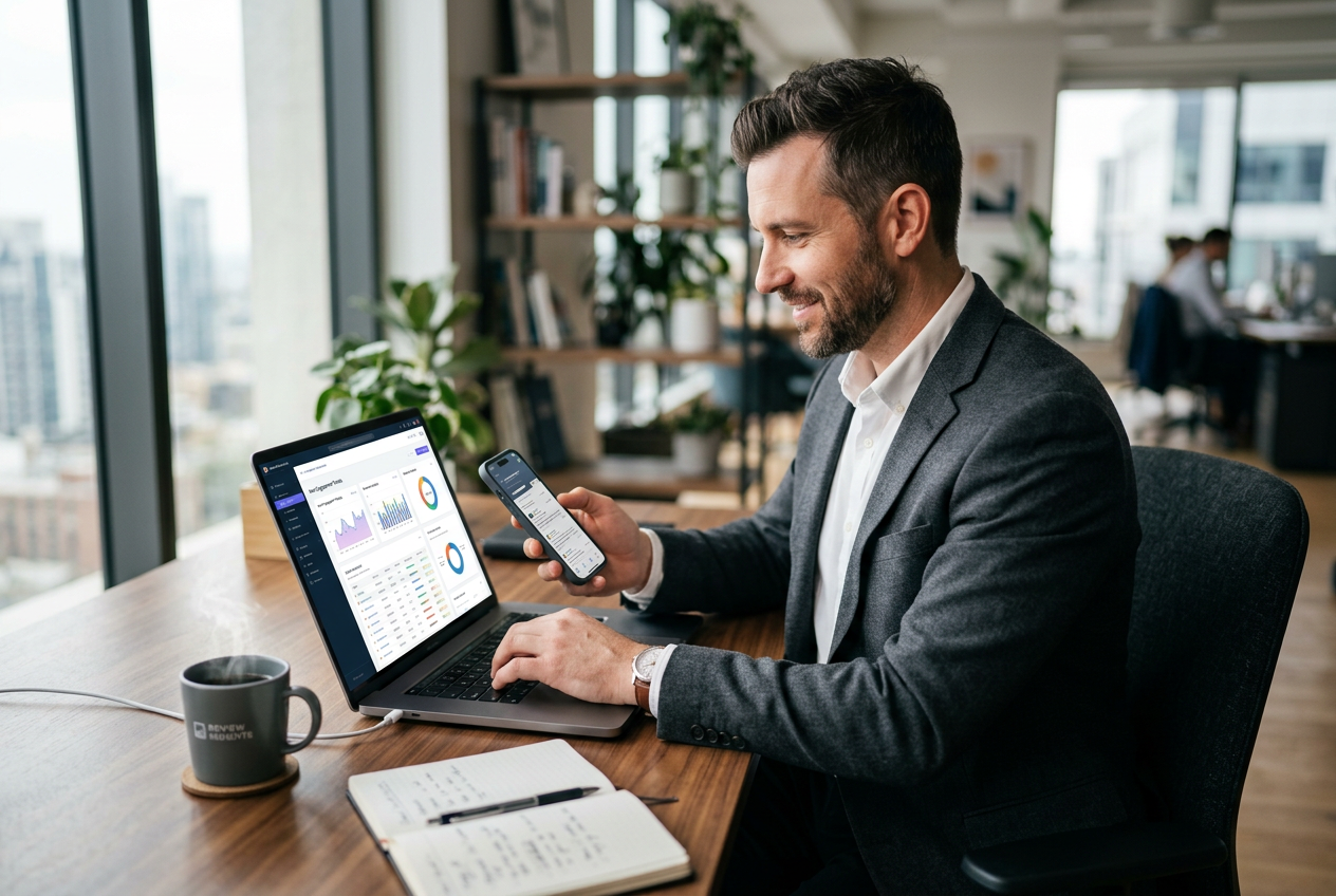 A person evaluating an online casino on a mobile device and a laptop.